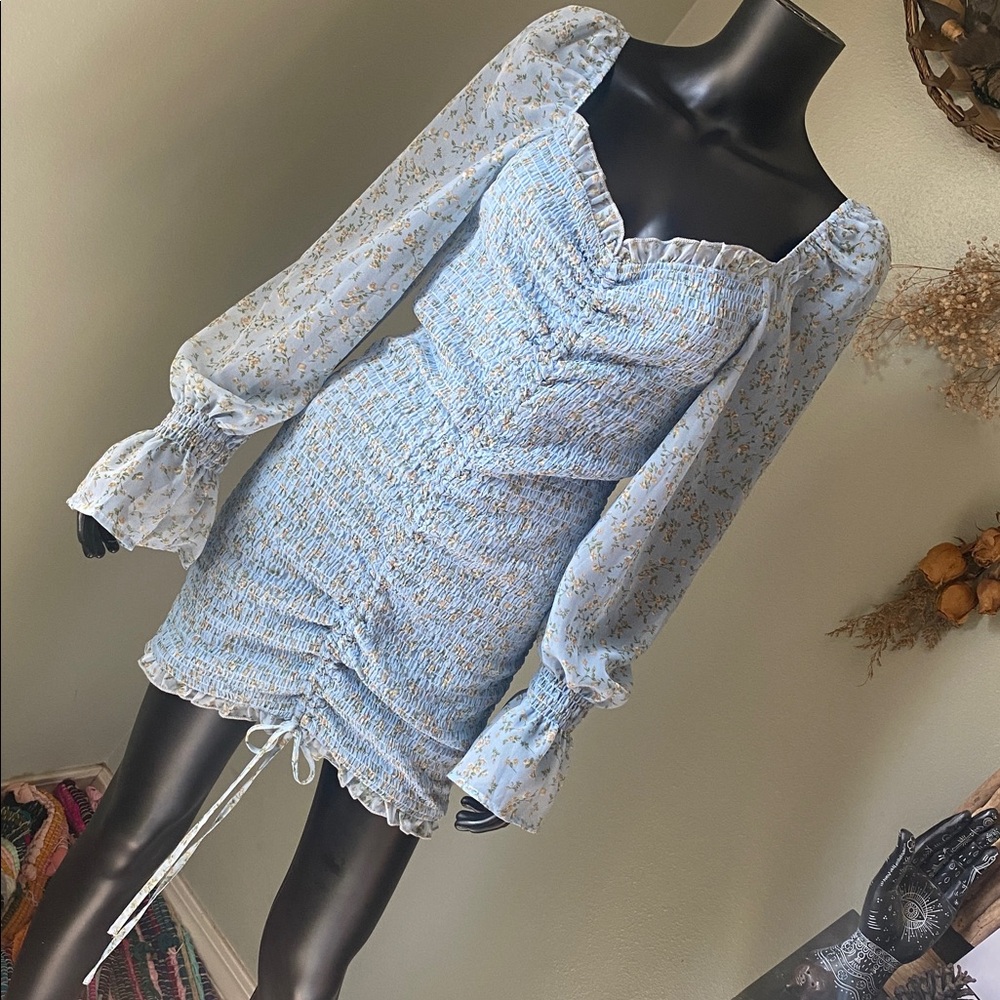 Hey Babe Light Blue Floral Sheer Sleeve Ruched Tie Dress
